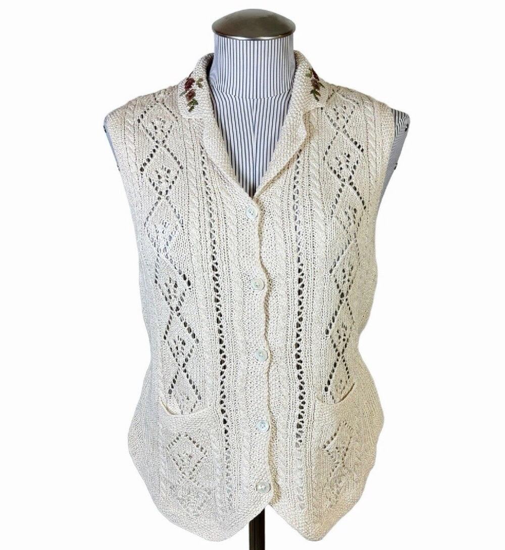 Vintage 90s Ralph Lauren Hand Knit Vest Linen Cotton PS Embroidered Cottagecore